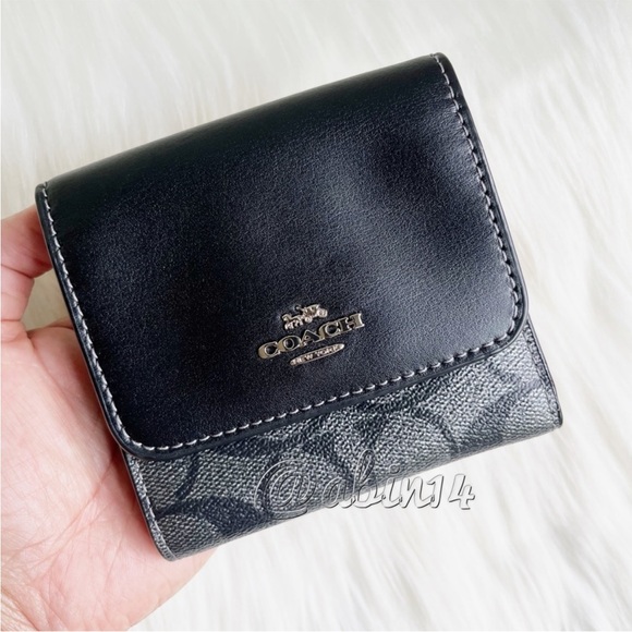 NWT Coach Small Trifold Wallet in Signature Leather Canvas Black Gunmetal - Picture 6 of 8